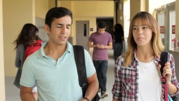 Estudiante pareja caminando a lo largo del pasillo — Vídeos de Stock