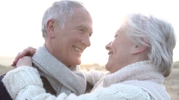 Romântico casal sênior abraçando na praia de inverno — Vídeo de Stock