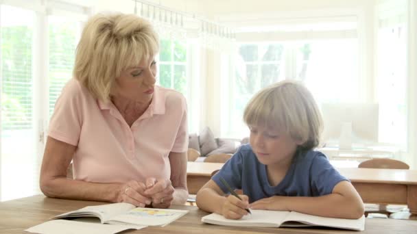 Mormor hjälper sonson med läxor — Stockvideo