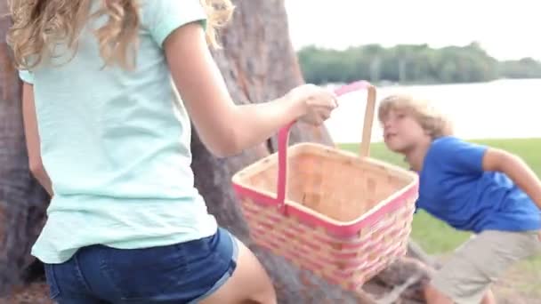 Deux enfants à la chasse aux œufs de Pâques — Video