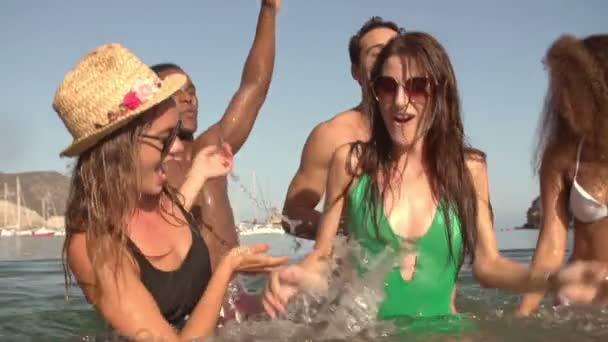 Grup arkadaşıyla birlikte denizde dans — Stok video