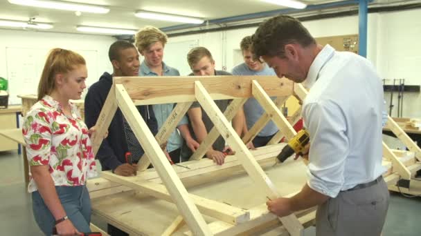 Leraar helpen studenten die studeren timmerwerk — Stockvideo