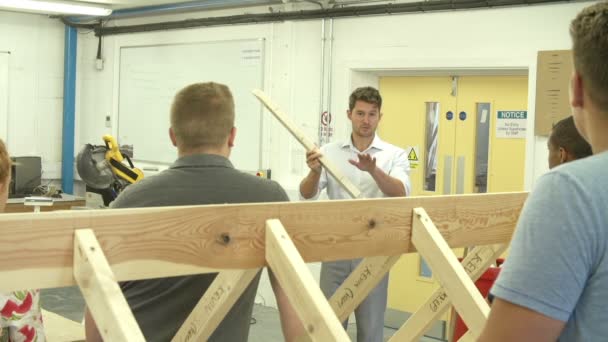 Profesor ayudando a los estudiantes a estudiar carpintería — Vídeo de stock