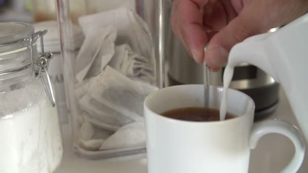 Man blandar te med mjölk — Stockvideo