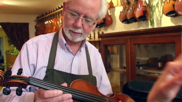 Клиент приносит скрипку в магазин для ремонта — стоковое видео