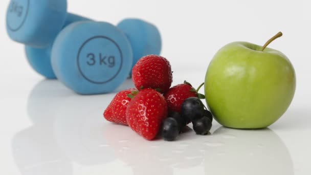 Fruit, Hand Weights And Tape Measure — Stock Video