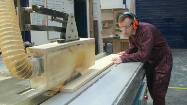 Carpinteiro usando serra circular na oficina de carpintaria — Vídeo de Stock