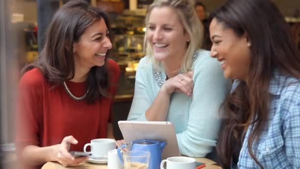 Groep van vrouwelijke vrienden In Cafe — Stockvideo