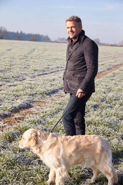 Älterer Mann geht Hund spazieren — Stockfoto