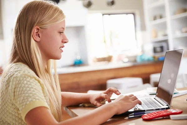 Chica usando el ordenador portátil en casa — Foto de Stock