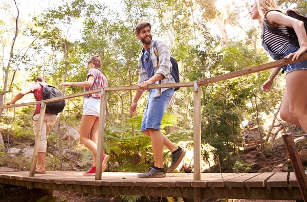 Amigos atravessando ponte de madeira na floresta — Fotografia de Stock