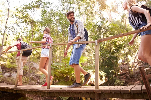 Friends Crossing Wooden Bridge In Forest — Stok Foto