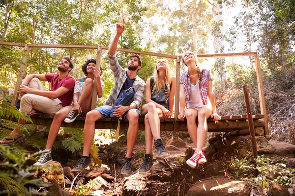 Vrienden zitten op houten brug In bos — Stockfoto
