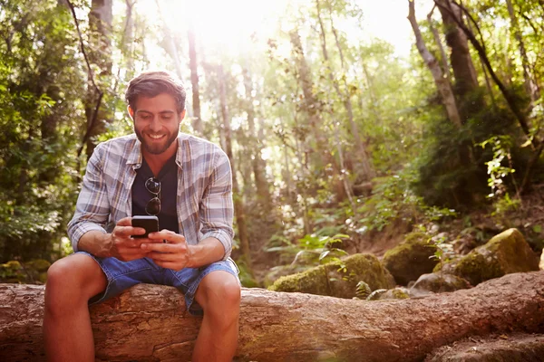 Muž v lese pomocí mobilního telefonu — Stock fotografie