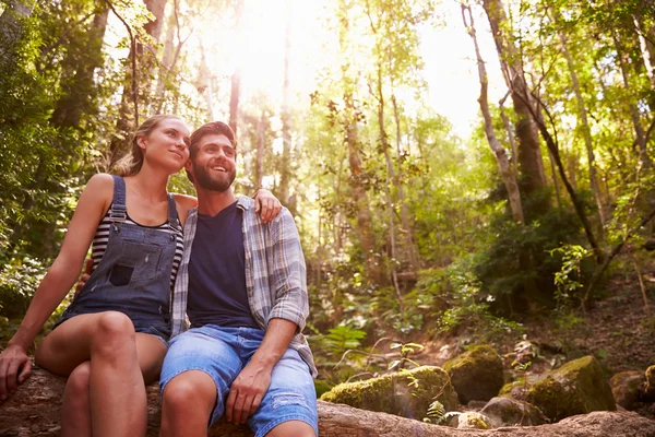 Pareja sentada en tronco de árbol en el bosque — Foto de Stock