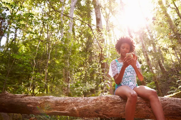 Mulher usando telefone celular na floresta — Fotografia de Stock