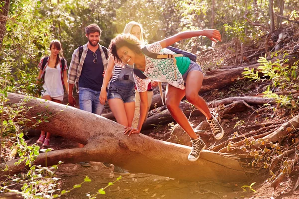Friends Jumping Over Tree Trunk — Stock Photo, Image