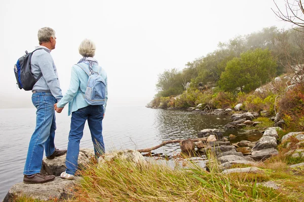 Couple aîné debout au bord d'un lac — Photo