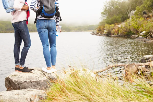 Amis debout au bord d'un lac — Photo