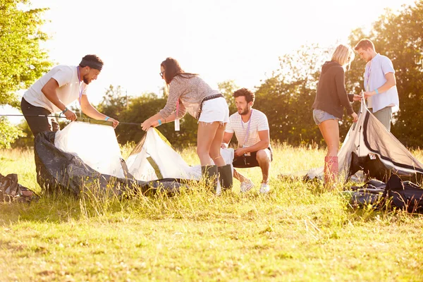 Vänner Pitching tält på campingsemester — Stockfoto