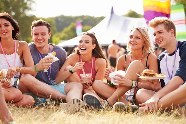 Amigos sentados en la hierba en un festival de música — Foto de Stock