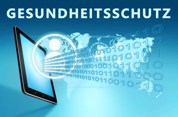 Gesundheitsschutz Duits Woord Voor Gezondheidsbescherming Gezondheidszorg Tekstconcept Met Tabletcomputer Blauwe — Stockfoto