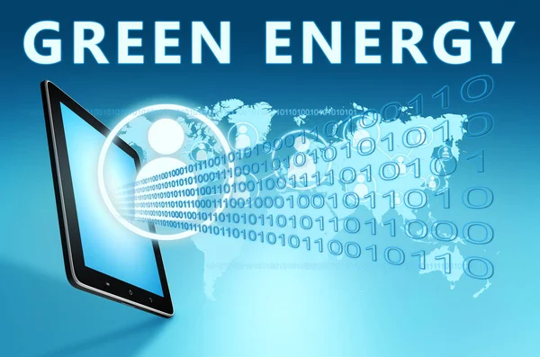 Groene Energie Tekstconcept Met Tablet Computer Blauwe Wolrd Kaart Achtergrond — Stockfoto