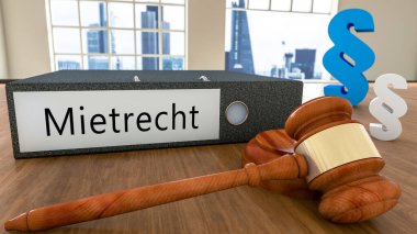Mietrecht - german word for tenancy law - Text on file folder with court hammer and paragraph symbols on a desk - 3D render illustration. clipart