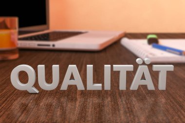 Kaliteli Almanca 'da kalite ya da not anlamına gelen kalite, tahta masada dizüstü bilgisayarı ve not defteri olan harfler. 3d resimleme.