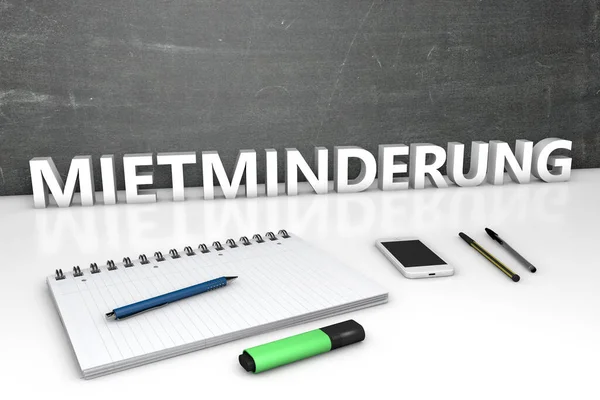 Mietminderung 德语词的租金削减 文字概念与黑板 笔记本 钢笔和手机 3D渲染说明 — 图库照片