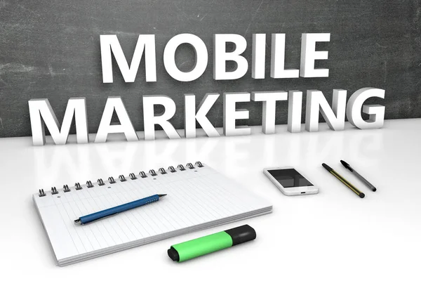 Mobile Marketing Koncepcja Tekstowa Tablicą Notebookiem Długopisami Telefonem Komórkowym Ilustracja — Zdjęcie stockowe