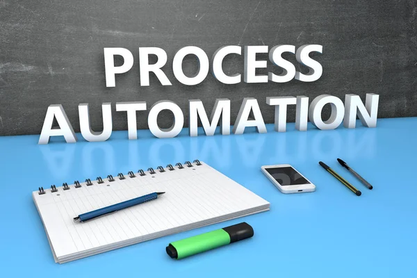 Process Automation Textkoncept Med Skrivtavla Anteckningsbok Pennor Och Mobiltelefon Render — Stockfoto