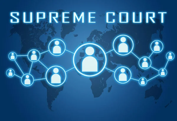 Nejvyšší Soud Koncept Textu Modrém Pozadí Mapou Světa Sociálními Ikonami — Stock fotografie