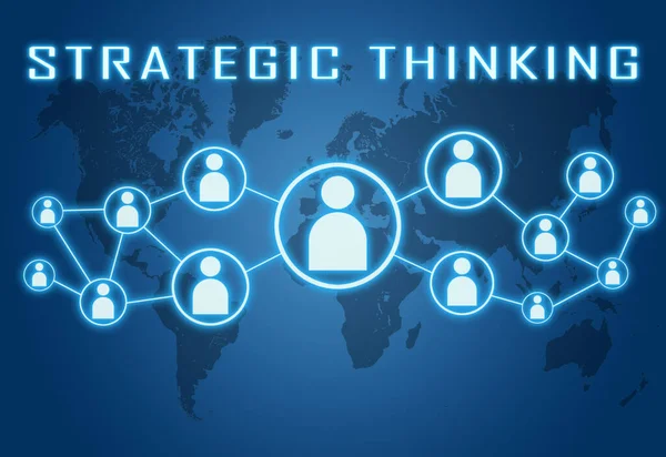 Pensamiento Estratégico Concepto Texto Sobre Fondo Azul Con Mapa Del — Foto de Stock