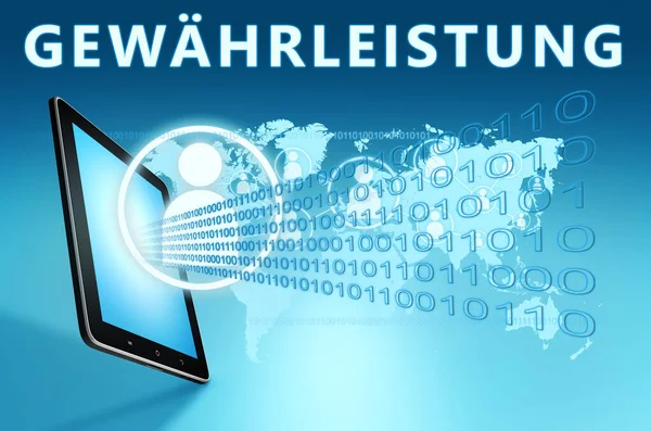 Gewaehrleistung German表示保证或担保的词 蓝色沃尔德地图背景下的平板电脑的文本概念 3D渲染说明 — 图库照片