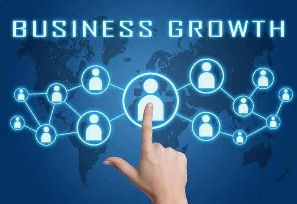 Business Growth Text Concept Hand Pressing Social Icons Blue World — Stock Photo, Image