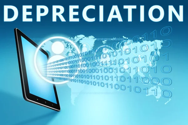 Depreciation Text Concept Tablet Computer Blue Wolrd Map Background Render — Stock Photo, Image