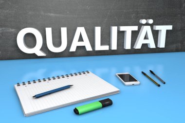 Kalitenin Almancası - kalite veya not için kullanılan kalite - karatahta, defter, kalem ve cep telefonlu metin kavramı. 3 Boyutlu resimleme.