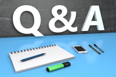 Sorular ve Cevaplar - karatahta, defter, kalem ve cep telefonlu metin kavramı. 3 Boyutlu resimleme.