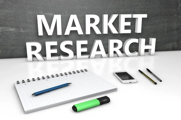 Market Research Text Concept Chalkboard Notebook Pens Mobile Phone Render — Stock Photo, Image