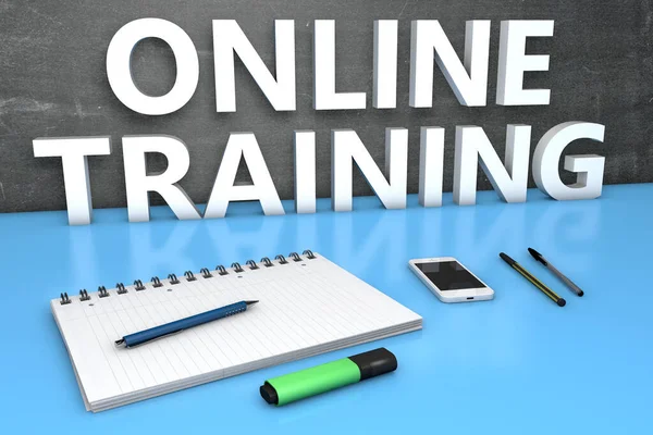 Online Training Textkoncept Med Skrivtavla Anteckningsbok Pennor Och Mobiltelefon Render — Stockfoto