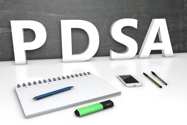 Pdsa Plan Study Act Text Conception Chalkboard Notebook Pens Mobile — 스톡 사진