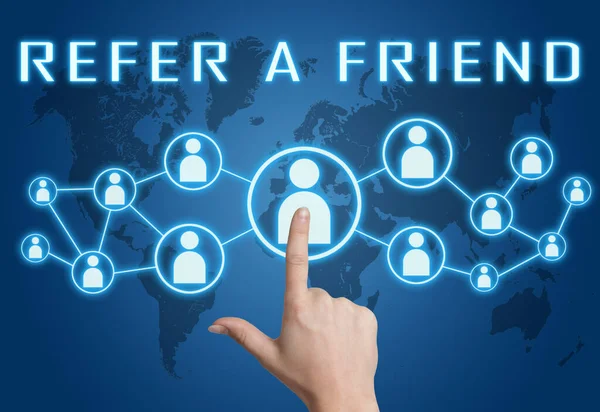 Refer Friend Text Concept Hand Pressing Social Icons Blue World — Stock Photo, Image
