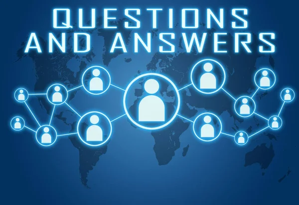 Questions Answers Text Concept Blue Background World Map Social Icons — Stock Photo, Image