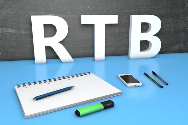 Rtb Real Time Bidding Textkonzept Mit Tafel Notizbuch Stiften Und — Stockfoto