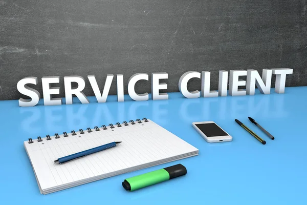 Service Client Textkoncept Med Skrivtavla Anteckningsbok Pennor Och Mobiltelefon Render — Stockfoto