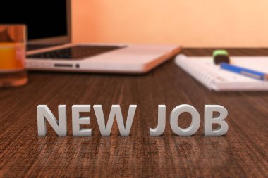 Yeni iş - tahta masada dizüstü bilgisayarı ve not defteri olan mektuplar. 3d resimleme.