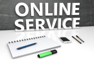 Çevrimiçi Servis - karatahta, defter, kalem ve cep telefonlu metin kavramı. 3 Boyutlu resimleme.