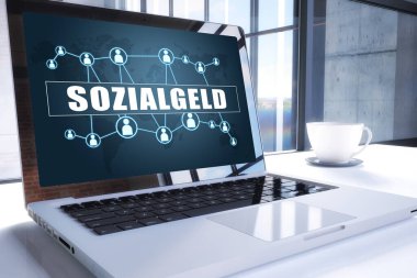Sozialgeld, Almanca 'da sosyal yardım ya da sosyal yardım demek. Ofis ortamında modern laptop ekranında metin. 3B görüntüleme iş metni kavramı.