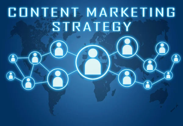 Content Marketing Strategy Szöveges Koncepció Kék Háttér Világtérképpel Társadalmi Ikonokkal — Stock Fotó